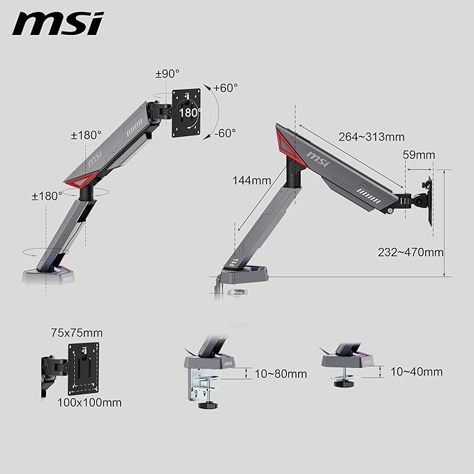 MSI MPG MT161R - Premium RGB Single Monitor Stand Arm, Supports 17-45" Screens and 35.2 lbs, VESA Compatible, Adjustable Spring Assisted Mount, Clamp & Grommet, Quick Release Plate - Black - Image 3