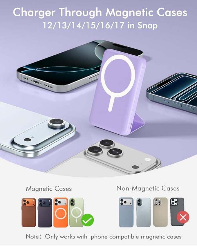 podoru for MagSafe Power Bank 10000 mAh, Foldable Magnetic Portable Charger | 22.5W PD Fast Charging, with USB-C Cable LED Display, Wireless Battery Pack for iPhone 17/16/15/14/13/12 Series-Light Purple - Image 2