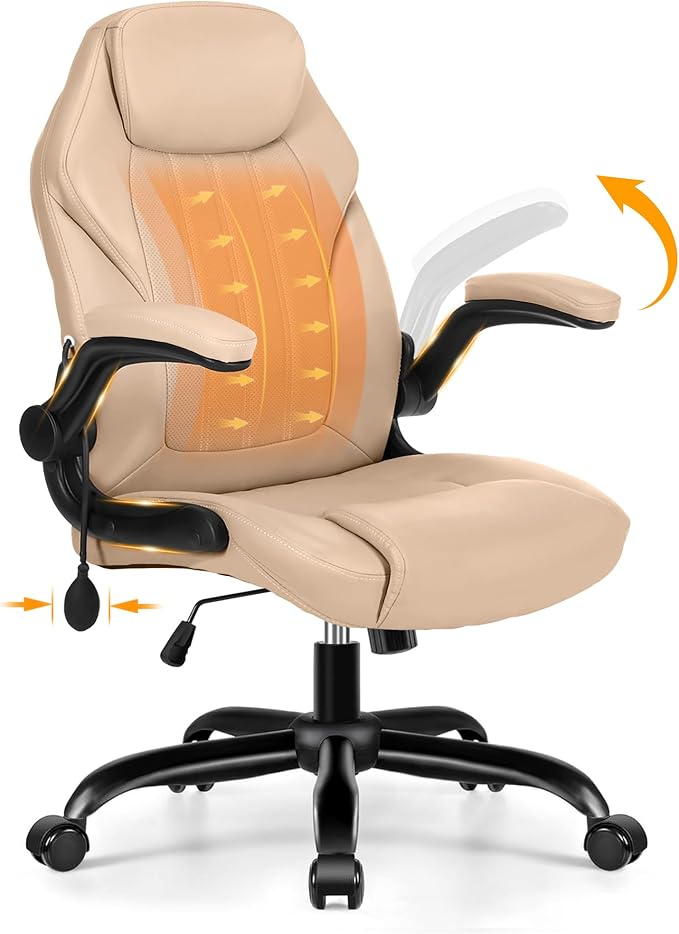 Ylzyxal Office Desk Chair, Ergonomic Computer Chair with Padded Flip-Up Arms and Adjustable Lumbar Support, PU Leather Executive Chair with Tilt Lock and 360° Swivel Rolling Wheels for Work, Study by Designedforcomfort