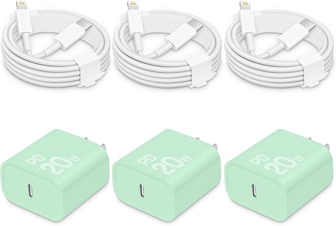 20W Fast Charger for iPhone 14/13/12 [3-Pack, MFi Certified] | USB-C PD power adapter with 6Ft cable, compatible with iPhone 14/13/12/Pro Max/Pro/Plus/Mini, iPad & more - Green+White by CXX