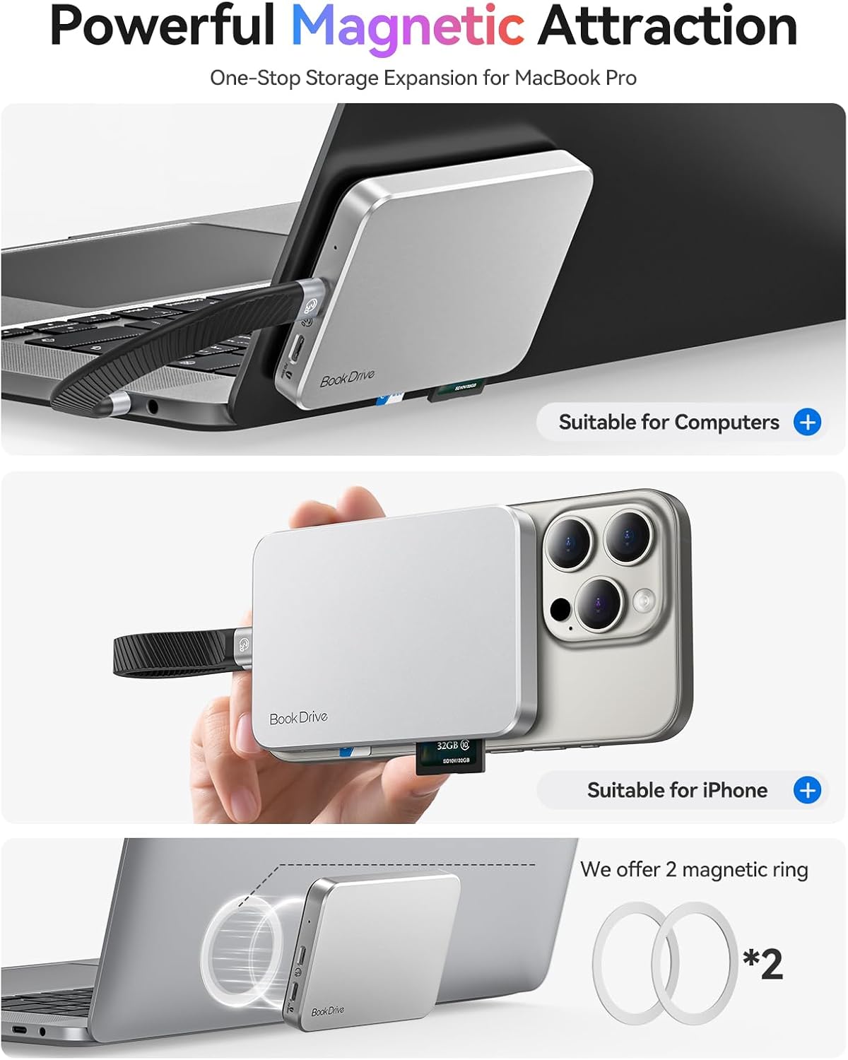 ORICO BookDrive 1TB Magnetic External SSD with SD/TF Card Reader, PD 100W Charging, Type-C Audio Interface for Laptop & USB-C Smartphone - Magsafe Portable SSD, 1000MB/s for USB 3.2 Gen2 - P10PRO - Image 2