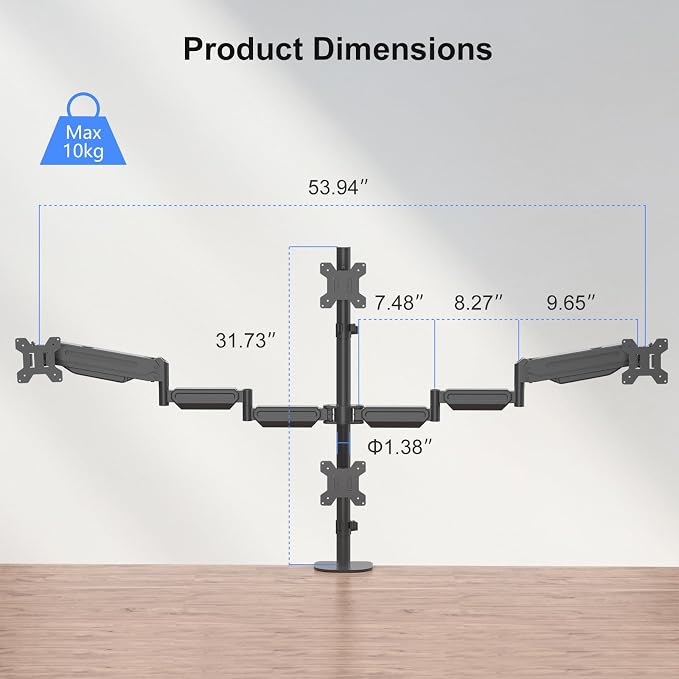 Pholiten Quad 4 Monitor Arm Desk Mount for Max 32 inch Screens, Gas Spring Adjustment Monitor Stand with VESA 75x75mm, 100x100 mm, Clamp & Grommet Install Black MD18864 | Fully Adjustment Gas Spring Arm, VESA 75x75/100x100mm, Clamp & Grommet Install, B... - Image 4