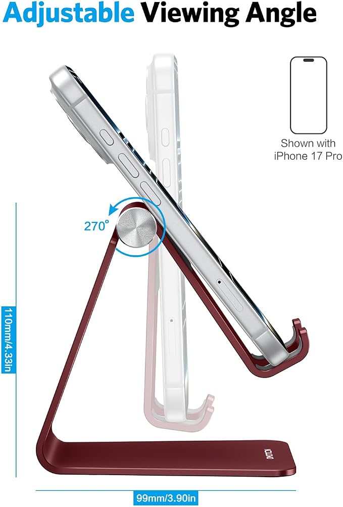 OMOTON C2 Adjustable Cell Phone Stand with Charging Cutout, Cherry Red | Sturdy 3mm Aluminum, Charging Port, 270° Adjustable, Non-Slip Silicone Pads, Works with Thick Cases, for All Smartphones - Image 4