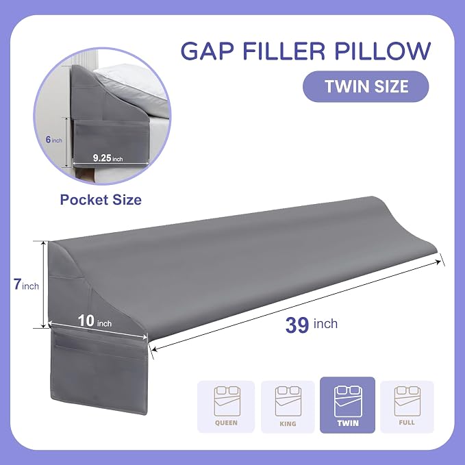 Vekkia Bed Wedge Pillow for Headboard,Bed Gap Filler Twin (Gap 0–6") Gray | Bed Wedge Gap Filler/Mattress Wedge Gap Filler to Close The Gap (0-6") Between Your Headboard and Mattress,39"x10"x7" - Image 2
