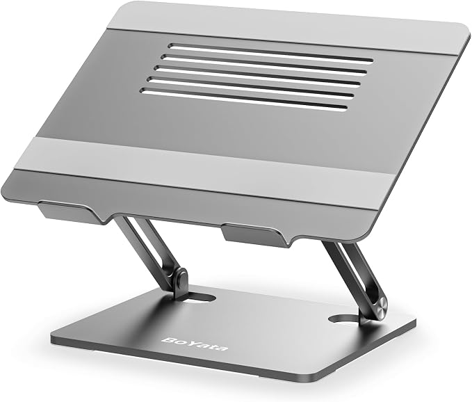 BoYata Laptop Stand, Adjustable Metal Desktop Riser, Up to 15 Inches, Gray | Slide-Proof Silicone Pads and Protective Hooks Provide Stable Support for MacBook, Notebooks and Laptops up to 15 Inches by Boyata