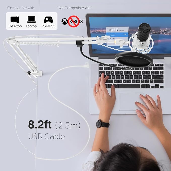 FIFINE T669 White USB Recording Microphone Kit for Vocals, Voice-Over | Studio Condenser Microphone, Metal Boom Arm, 16mm Large Diaphragm, Podcast, Streaming, Music Creation, Singing - Image 7