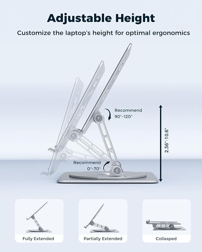 Aoviho 360° Rotating Laptop Stand for Desk | Adjustable, Foldable, Portable Aluminum Ergonomic Riser | Compatible with MacBook, Dell, HP & All Laptops 10-16 inch | Silver - Image 2