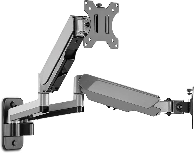 AVLT Dual Monitor Arm Wall Mount for 13-32" Screens, Full Motion - Silver | Supports flat/curved screens up to 17.6 lbs each. Smooth gas spring, VESA 75x75/100x100 and clean cable routing by AVLT-USA