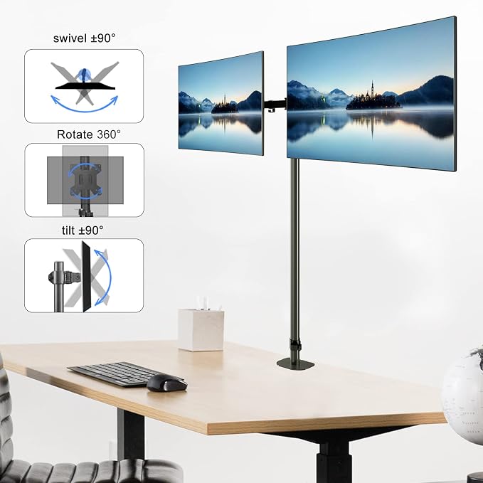 Pholiten Extra Tall Dual Monitor Stand, Dual Monitor Mount, Desk Mount up to 47 inch Pole, 2 Monitor Stand, Computer Monitor Arm, Fully Adjustable Stand for up to 27 inch Screens - Image 6