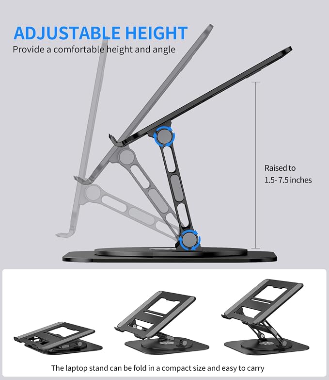 AOEVI Adjustable Laptop Stand with 360 Rotating Base, Stable Computer Stand for Laptop Ergonimic Foldable Laptop Riser for Desk Compatible with MacBook Pro/Air Notebook up to 16 Inches, Black - Image 4