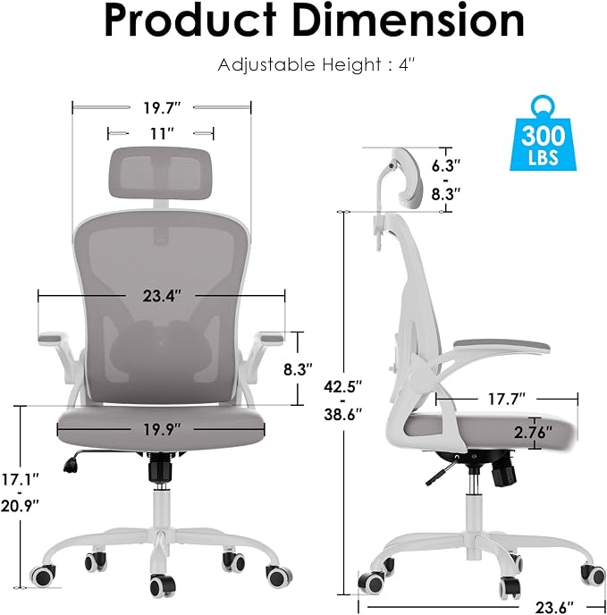 Farini Ergonomic Office Chairs with Headrest, Set of 4, White & Grey | High Back Swivel Computer Chair, Adjustable Armrests and Lumbar Support,Desk Chair for Home Office Bedroom - Image 3
