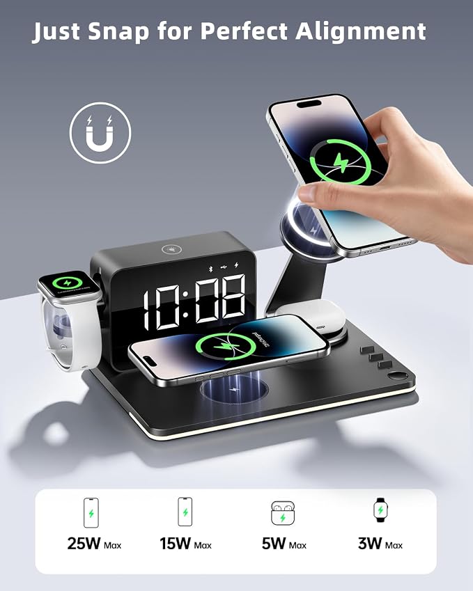 7-in-1 Magnetic Wireless Charging Station with Digital Clock & LED Lamp | 65W Power Adapter, 25W Fast Charging, 6-Device Charging Hub, Rotatable Stand, Bluetooth TimeSync, Qi Magsafe Compatible - Image 2