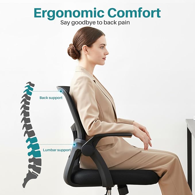 OLIXIS Ergonomic Office Desk Chair, Mid-Back Executive Computer Chair | Flip-up Armrest, Rocking Mode, Height Adjustable, 360° Rolling Swivel Adults, Student, Black - Image 3