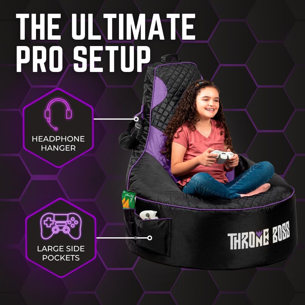 Gaming Bean Bag Chair Cover for Adults, High Back, Large Pockets, Purple - Image 5