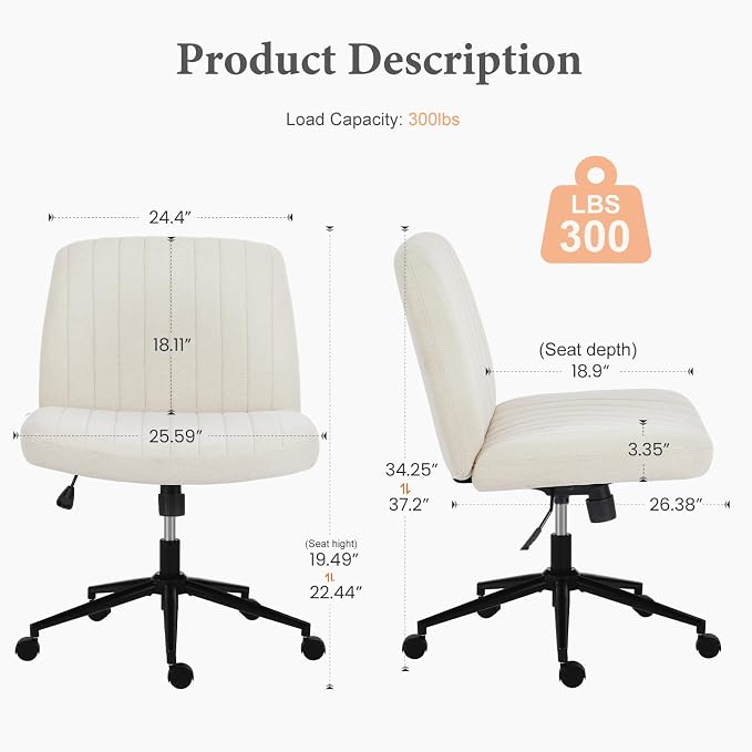 OLIXIS Criss Cross Office Chair, Vanity Chair, Home Office Desk | Wide Seat, Height Adjustable, Comfy Fabric, Armless No Wheels, Bedroom, Study Room, Beige - Image 2