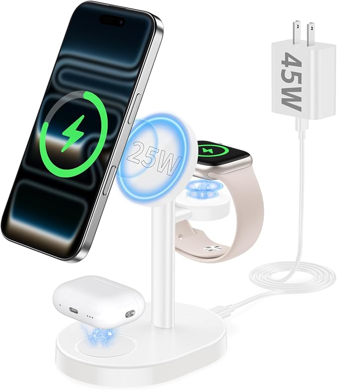 25W 3 in 1 Super Fast Charging Station for Apple MagSafe Charger, Wireless Magnetic Mag-Safe Charger Stand for iPhone 17 16 15 14 13 12 Apple Watch AirPods Pro, 45W Adapter Included by Hevanto