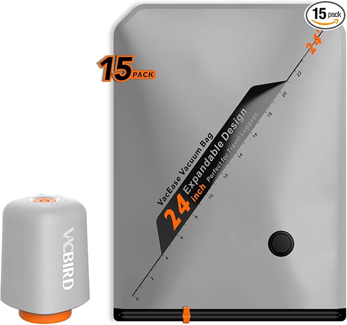 Rechargeable Wireless Pump Travel Storage Bags Set - 15 Pack Medium Size Vacuum Bags for Travel & Home, Space-Saving Compression Packing for Clothes, Blankets & Bedding by VACBIRD