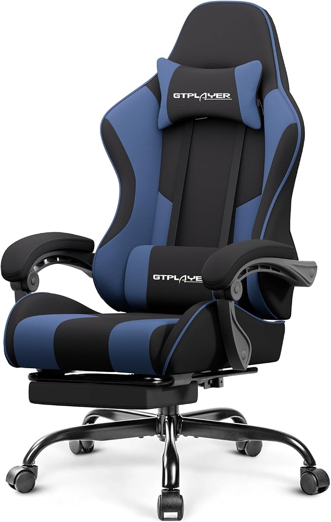 GTPLAYER Gaming Chair, Computer Chair with Footrest and Lumbar Support, Height Adjustable Game Chair with 360°-Swivel Seat and Headrest and for Office or Gaming (Blue, Fabric) by GTPLAYER