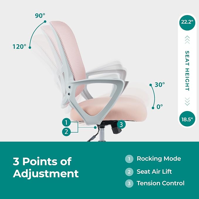 OLIXIS Home Office Chair, Mesh Desk Chair, Ergonomic Lumbar Support | Mid Back Computer Ergonomic, Height Adjustable Swivel Task, Large Seat Armrest, Adults, Pink - Image 4
