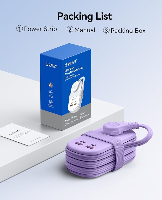 ORICO 65W GaN Travel Power Strip with Flat Plug and 4FT Extension Cord | 7-in-1 Charging Ports (3 AC Outlets/2 USB-A/2 USB-C), Fast Charger for MacBook Pro/Air, iPad Pro, iPhone 17/16/15- AP3 - Image 9