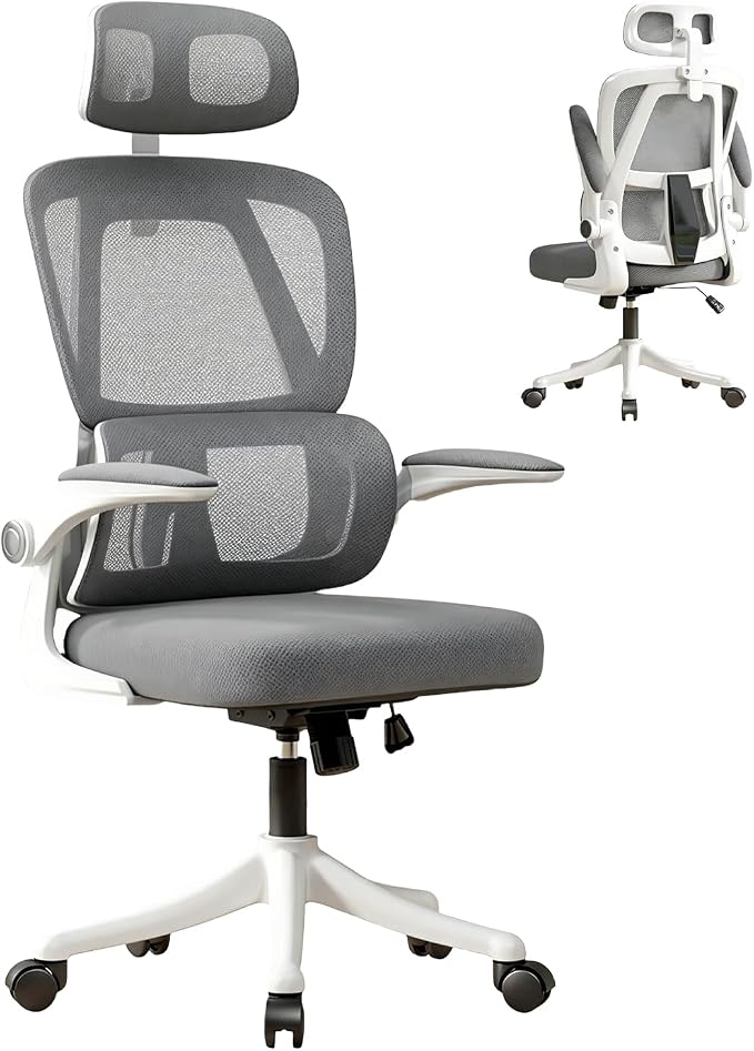 Ergonomic Office Chair with Dynamic Lumbar Support & Adjustable Headrest – High Back Desk Chair with 90° Flip-up Arms, Comfort Mesh Computer Chair for Home Office Long Hours Sitting，Gery by Unknown