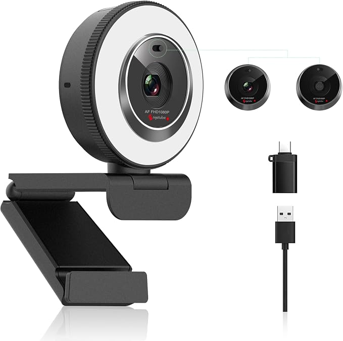Angetube 1080P USB Webcam with Ring Light Autofocus & Microphone for PC Mac | Built-in Privacy Cover, Plug and Play, Compatible with Laptop Desktop, Works for Streaming, Teams, Skype Video Calls by Angetube