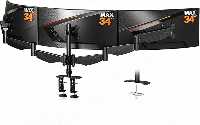Triple Monitor Mount for 17 to 34 inch Screens, Holds up to 26.45lb, Adjustable Triple Monitors Stand for Desk with Tilt, Swivel, Rotation, Clamp & Grommet Kit, VESA 75/100mm, Black, MDX003P by Bracwiser