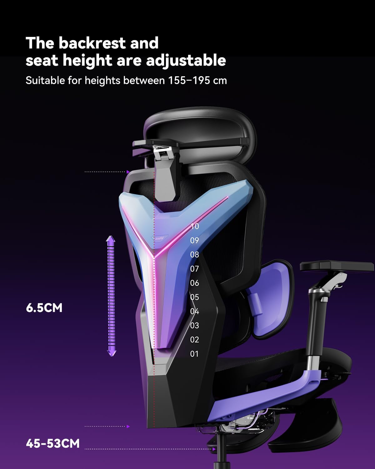 AutoFull G7 Gaming Chair - 3-Zone Lumbar, 22-Point Adjustment, Breathable Mesh, Custom Backplate, 720° Armrests, BIFMA Certified Ergonomic, 140° Recline, IGR Certified, Niko Endorsed - Purple&RGB - Image 7