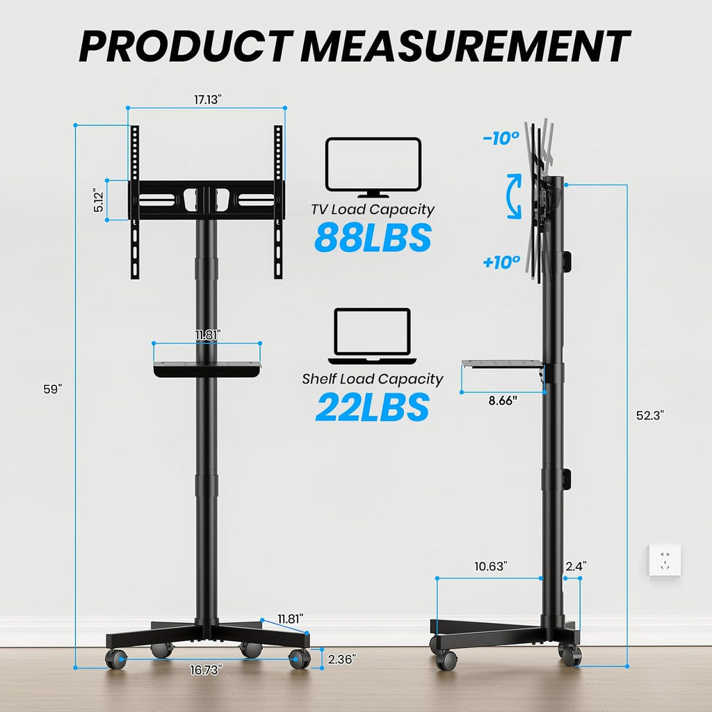 Mobile TV Cart for 23-60 Inch LCD LED OLED Flat Curved Screen TVs - Height Adjustable Rolling Floor Stand with Shelf and Locking Wheels - Up to 88lbs, Max VESA 400x400mm, Black - Image 2