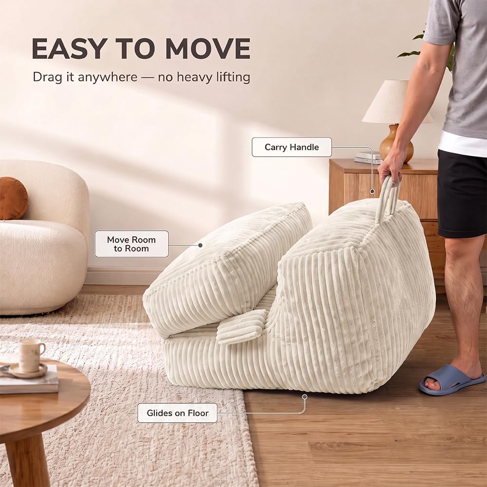 Giant Bean Bag Chair — Plush Faux Fur, Foldable Memory Foam Lounger, Removable Washable Cover for Living Room, Gaming & Lounge (Stripe White) - Image 8