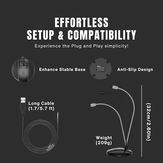 Gooseneck USB Microphone for PC - Plug & Play Computer Mic With Mute Button - Condenser Gaming Microphone - Omnidirectional USB - Image 4