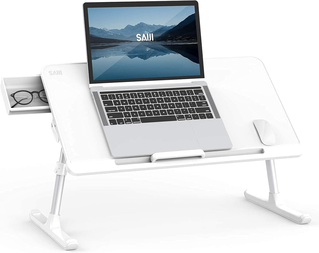 SAIJI Laptop Bed Tray Table, Adjustable PVC Leather Laptop Bed Table, Portable Standing Desk with Storage Drawer, Foldable Lap Tablet Table for Sofa Couch Floor (Large,White) - Image 7