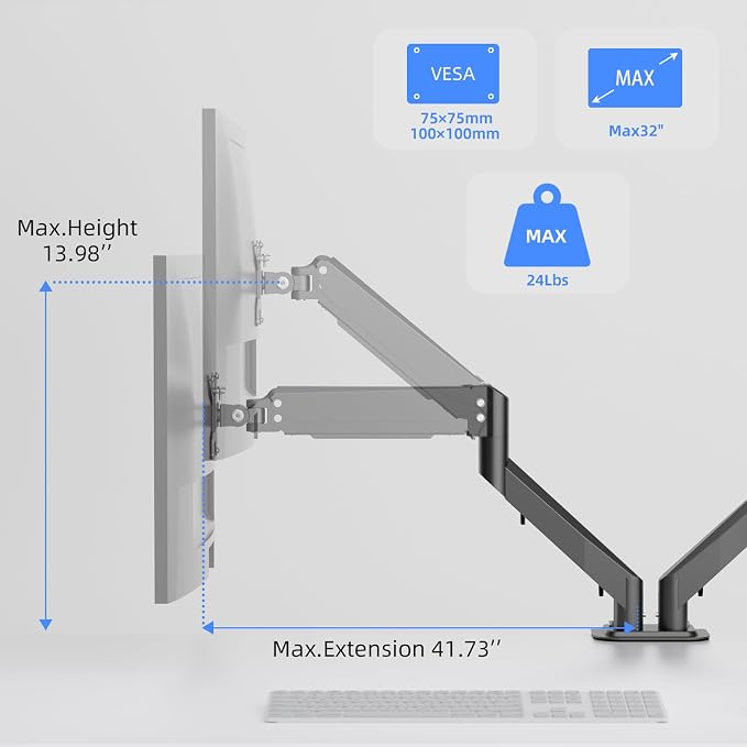 Pholiten Dual Monitor Arm for 17-32" Screen | Fully Adjustable Gas Spring Monitor Desk Mount, Adjustable Tilt/Swivel/Rotate Monitor Stand Up to 22lbs Each - Image 2