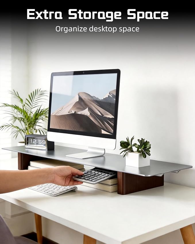 Aluminum Monitor Stand Riser, Ergonomic Desktop Shelf with Wooden Legs - 31.5” Wide Heavy Duty Computer Stand for Home Office, Universal Desktop Monitor Riser for PC, iMac, MacBook, Laptop - Image 4
