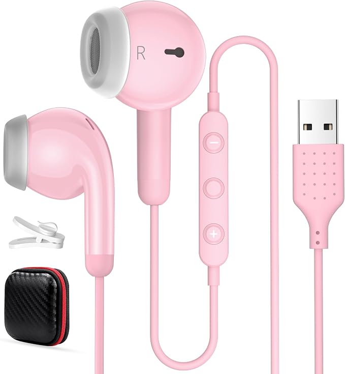 USB Earbuds for PC,Headphones with Microphone for Computer,Pink | Wired USB Headset with Mic Audio Control,Noise Isolating Stereo Laptop Earphones for Dell/HP/Surface PC Office Zoom Working by AIAUXAi