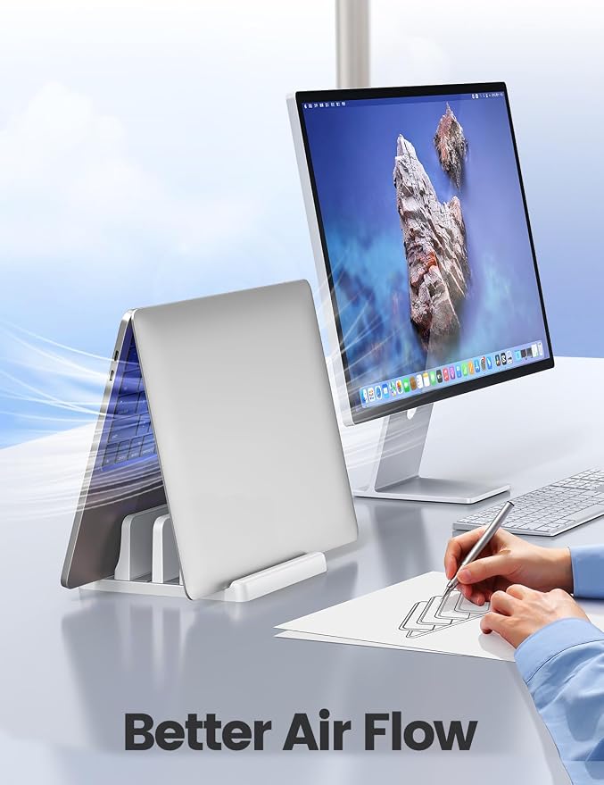 Vaydeer Vertical Laptop Stand for Desk, Dual Slots Plastic Laptop Holder Organizer with Space Saving 4-in-1 Design, Adjustable Laptop Stand Storage Supports MacBook, Chromebook, Surface, Dell (White) - Image 3