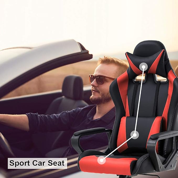 BestOffice Gaming Chair | Red | Desk Chair with Adjustable Lumbar Support | Headrest Pillow | Ergonomic Racing Style Seat with Recline, Swivel Base & Rolling Wheels | For Gamers, Home, Office - Image 7