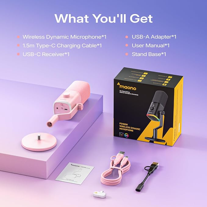 MAONO PD100W Wireless Dynamic Gaming Microphone for PC with USB-C Receiver | One-Click Noise Reduction,Custom RGB,Mute,Monitoring, Companion App,Wireless Desktop Mic for Creator, Stream, Podcast, Pink - Image 8