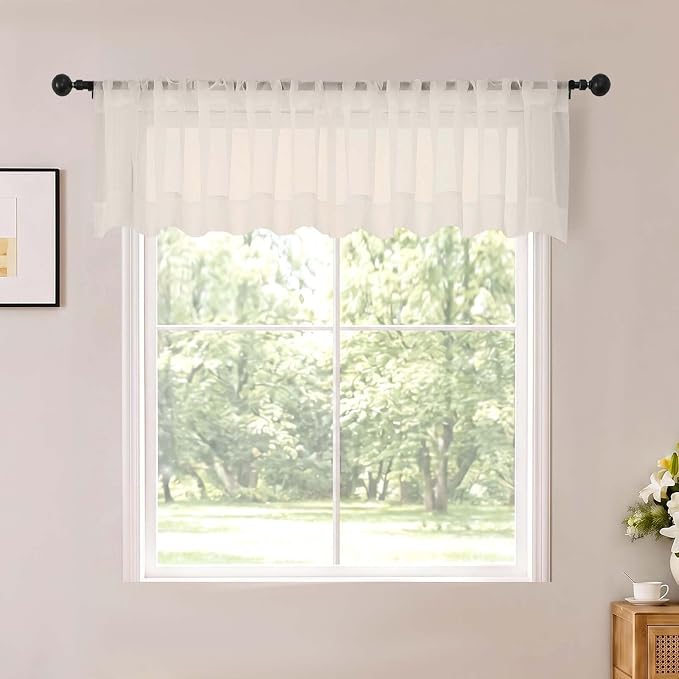 Cream Sheer Valances for Windows 2 Panels 14 Inch Length 52" Width | Window Topper Valance for Cafe Kitchen, Small Window Decor for Bedroom Living Room, Rod Pocket, Each Panel 52W x 14L by OWENIE