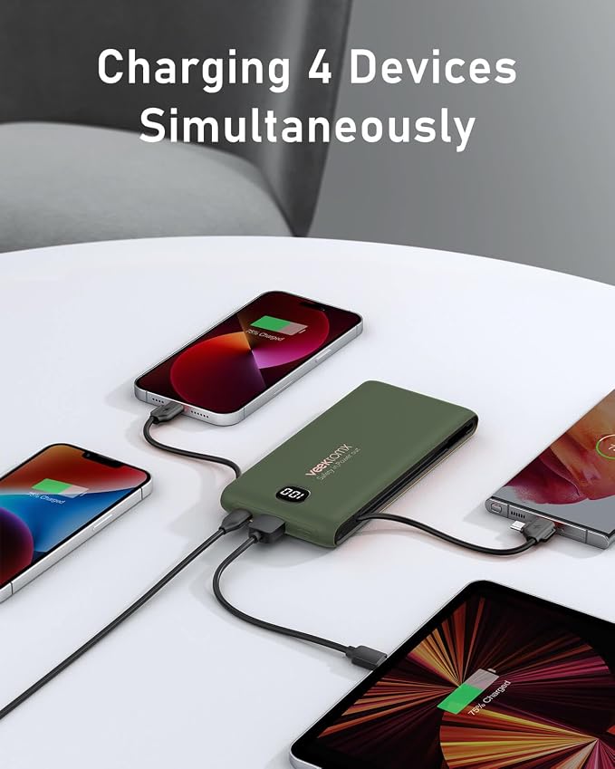 VEEKTOMX 10000mAh Portable Charger with Built-in Cables & Wall Plug | Fast Charging Slim USB-C Power Bank for iPhone, Samsung, iPad | 5 Outputs, Charges 4 Devices, ETL Certified, Green - Image 5