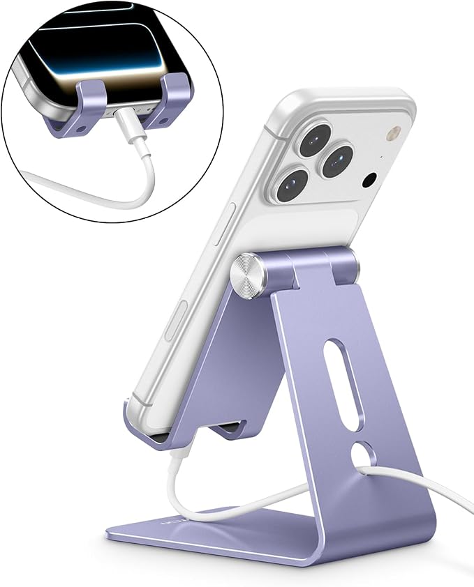OMOTON Adjustable Cell Phone Stand, C2 Aluminum Desktop Cellphone Stand with Anti-Slip Base and Convenient Charging Port, Fits All Smart Phones, Haze Purple | Sturdy 3mm Aluminum, Charging Port, 270° Adjustable, Non-Slip Silicone Pads, Works with Thick... - Image 6