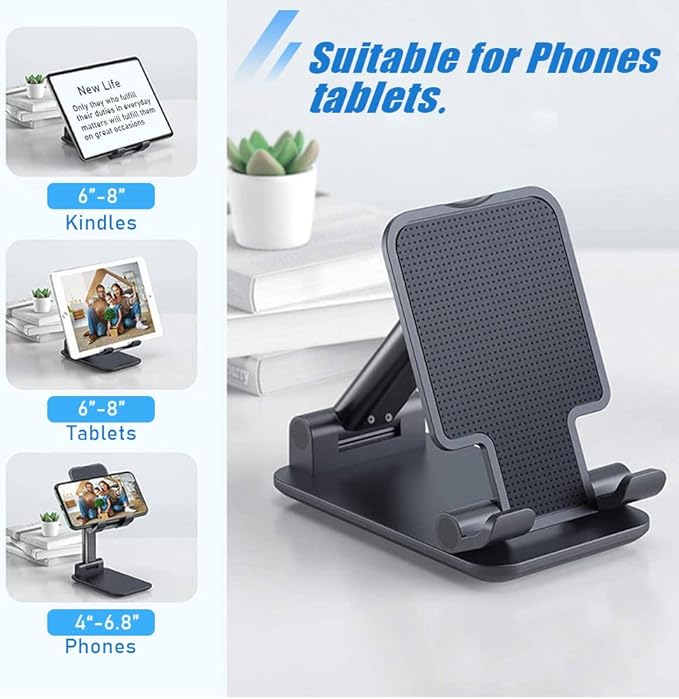 Phone Stand for Desk, Cell Phone Holder Cute Smart Cellphone Stand Foldable Stands Compatible with Under 8" Devices, Office Accessories, Deep Black - Image 4