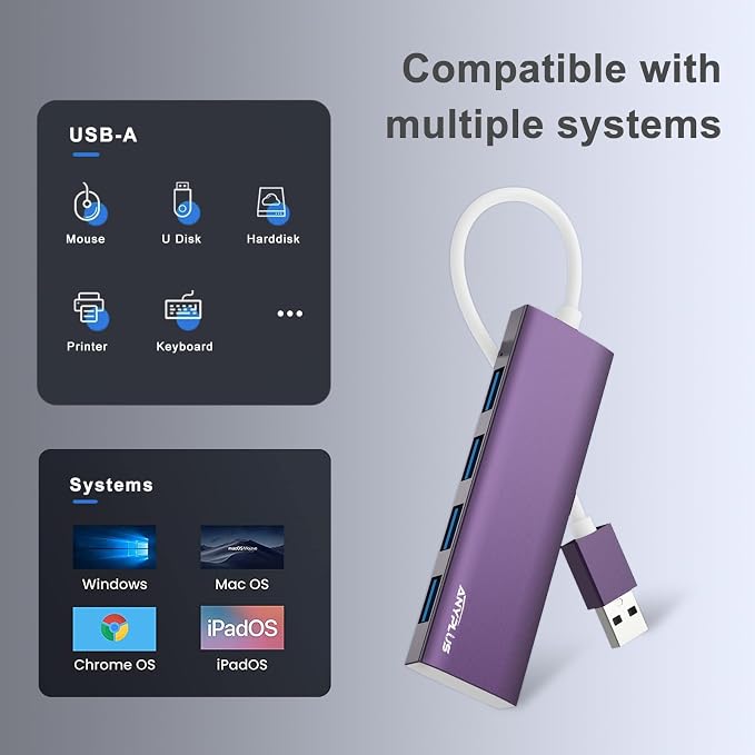 USB Hub, USB 3.0 Hub Aluminum Alloy Ultra Slim USB Splitter, Portable 4 Port USB Extender, USB Hub for Laptop, PC, MacBook, iMac, Surface Pro, Mac Pro, Flash Drive, XPS 【Purple】 - Image 5