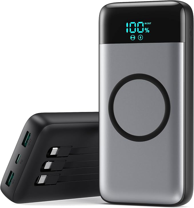 Wireless Portable Charger 40800mAh with 3 Built-in Cables,7-in-1 15W Wireless Charging Power Bank,25W PD QC 4.0 Fast Charging USB C Travel Essentials Battery Pack for iPhone 17/16/15/14,Galaxy,Android by YHO