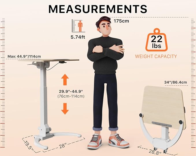 JOY worker Foldable Mobile Standing Desk, 90° Tilt Rolling Laptop Desk, Oak | Tiltable MDF Laptop Desk, Portable Cart with Hidden Wheels & Low Base, Collapsible for Storage, Holds 22lbs, Home Office - Image 2