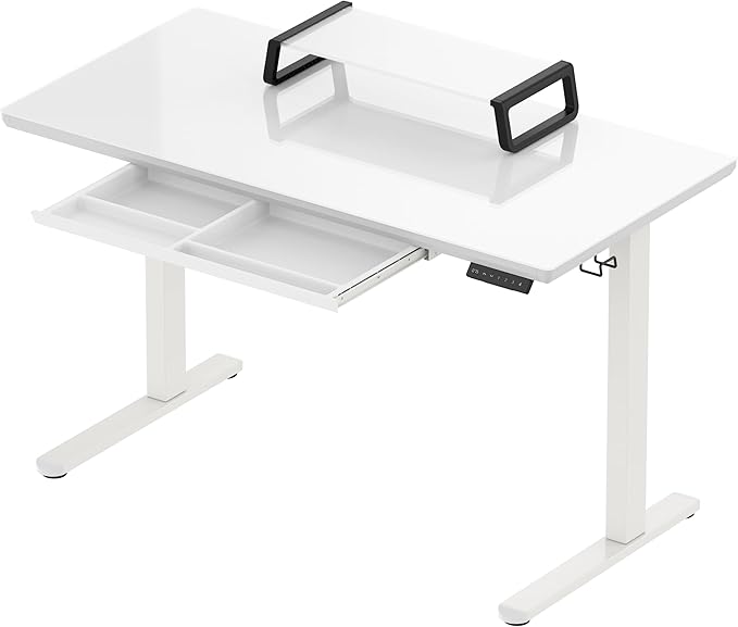 SHW 48-Inch Glass Electric Height Adjustable Standing Desk, White | w/ Monitor Riser | Memory Presets and Cable Management | Drawer with Built-in Compartments | Hanging Hooks - Image 6