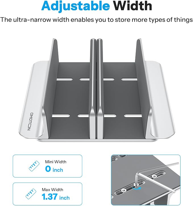 OMOTON 3-Slot Multiple Vertical Laptop Stand, Fits MacBook, Bright Silver | Adjustable Width 0-1.38", Aluminum Office Space-Saving for Desk, Fits MacBook/Book/iPad Up to 17.3in - Image 2