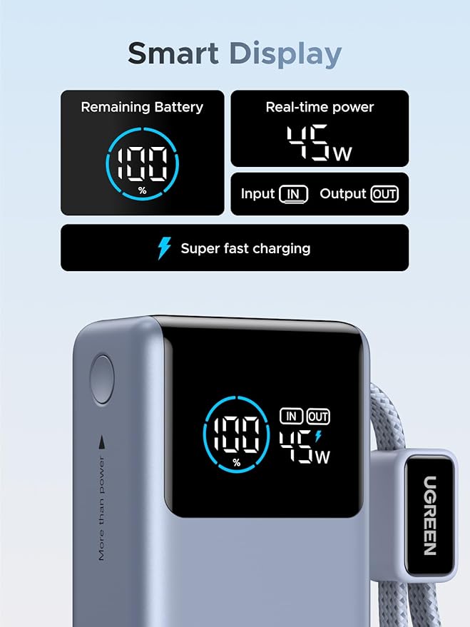 UGREEN Nexode Pro 10000mAh 45W Built-in Cable Power Bank for iPhone | Built-in cable, digital display, PD fast. Compact for iPhone 17/16 Pro Max/Air & S26 Ultra - Image 4