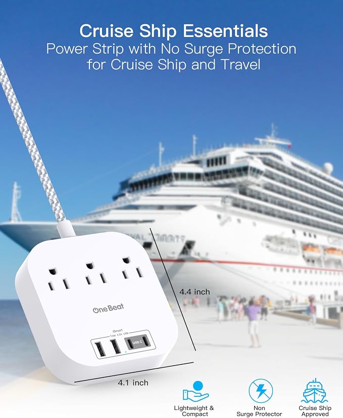 One Beat Power Strip with USB C, 3 Outlets 4 USB Ports, 10ft Braided Extension Cord, 22.5W Desktop Charging Station, Flat Plug, Non Surge Protector, Home Office Cruise Travel, ETL Listed, White - Image 7