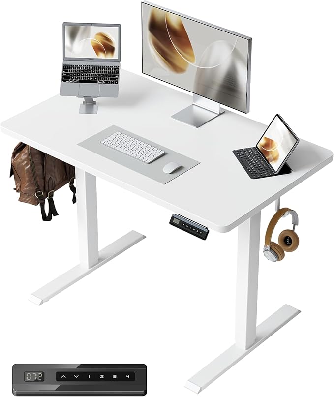 CubiCubi 32 x 20 One-Piece Electric Adjustable Standing Desk, Elegant White | Height Adjustable Electric Small Computer Home Office Sit Stand up Workstation, with Memory Presets, Headphone Hook by CubiCubi